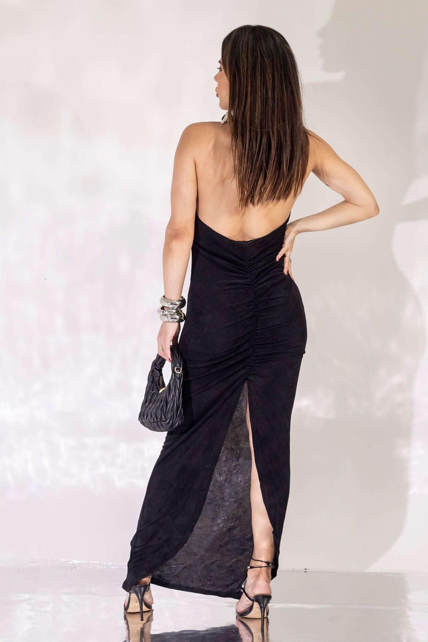 Robe longue en satin polyamide noir