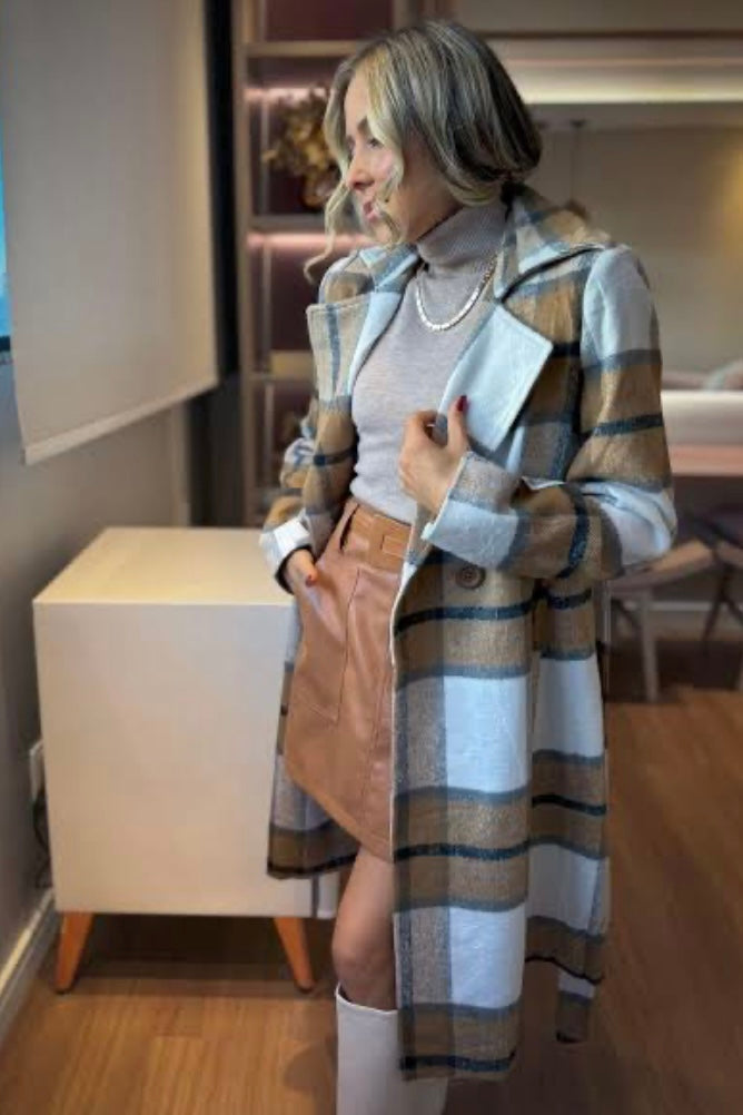 Manteau à carreaux caramel en laine battue