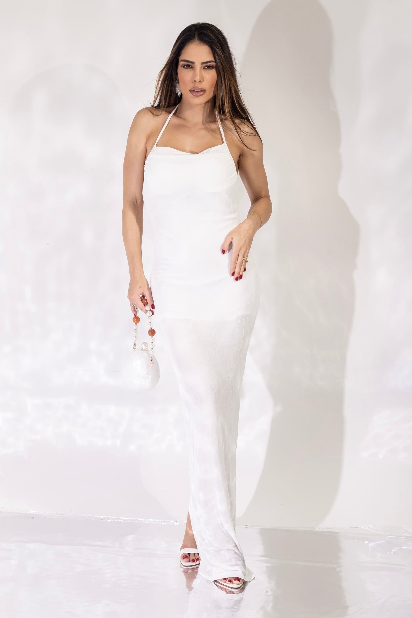 Robe longue en satin blanc polyamide