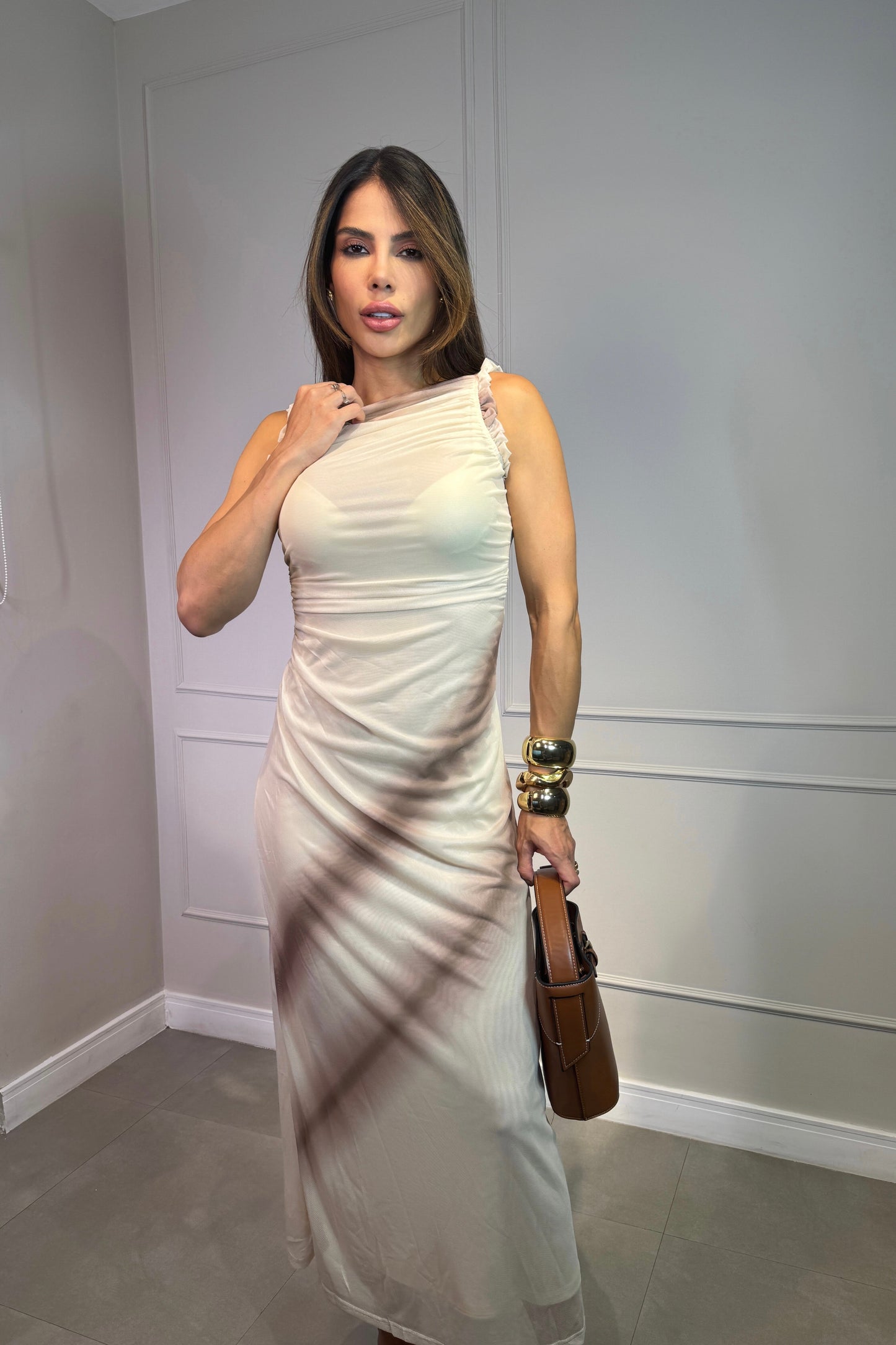 Robe en tulle imprimée beige