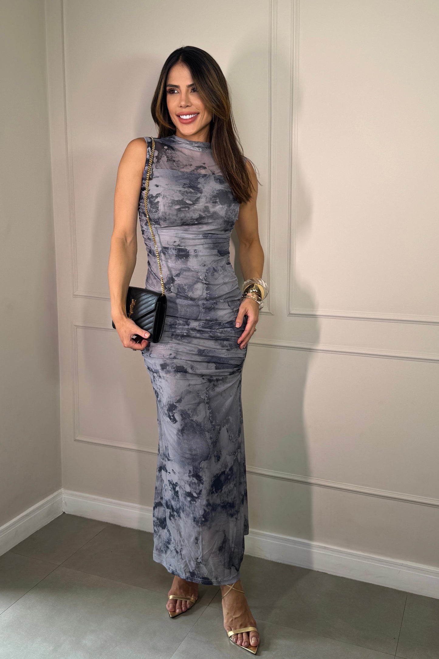 Robe en tulle imprimé drapé bleu
