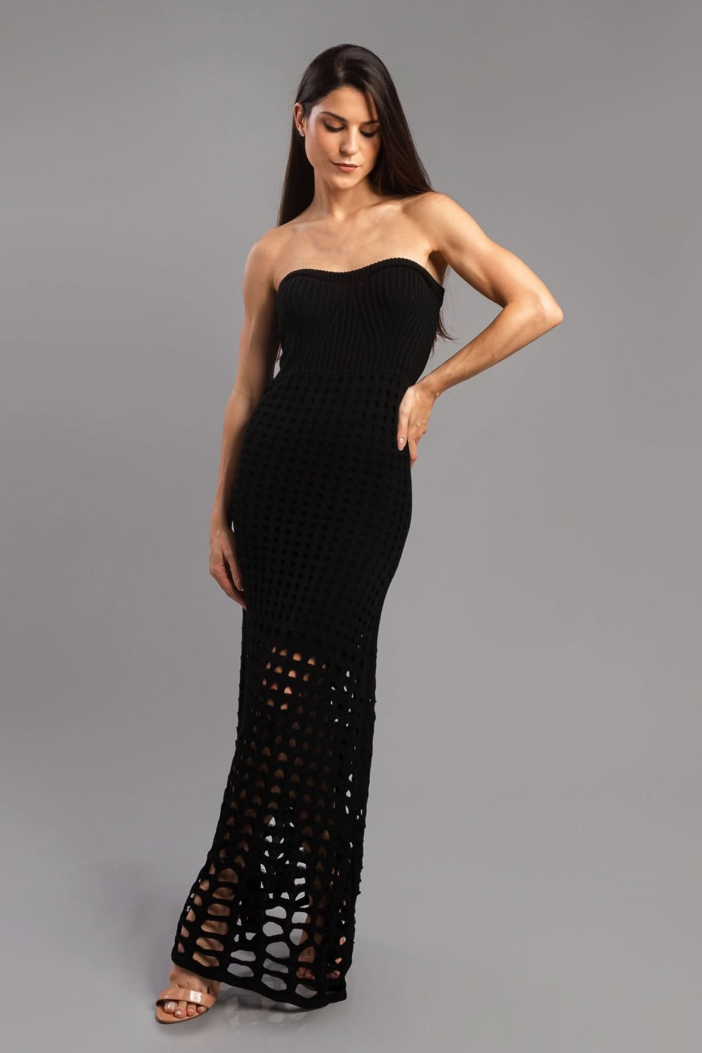 Robe longue en maille modale à trous, noire