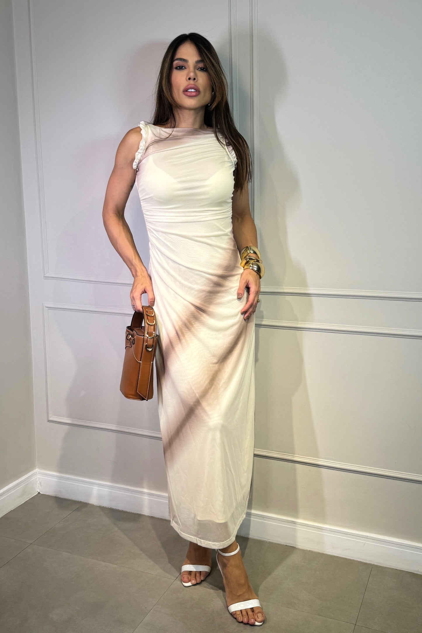 Robe en tulle imprimée beige