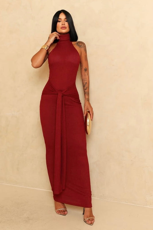 Robe col montant avec lien – Tissu côtelé Marsala