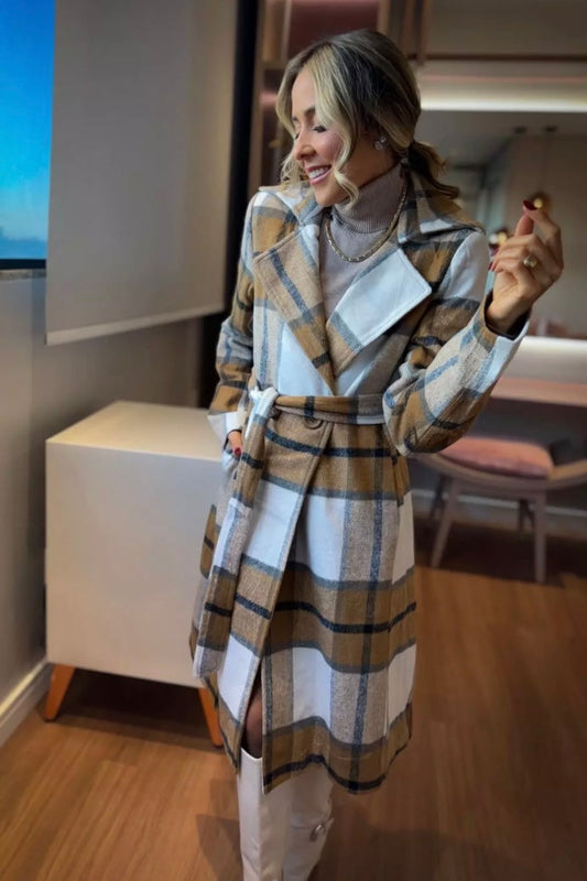 Manteau à carreaux caramel en laine battue