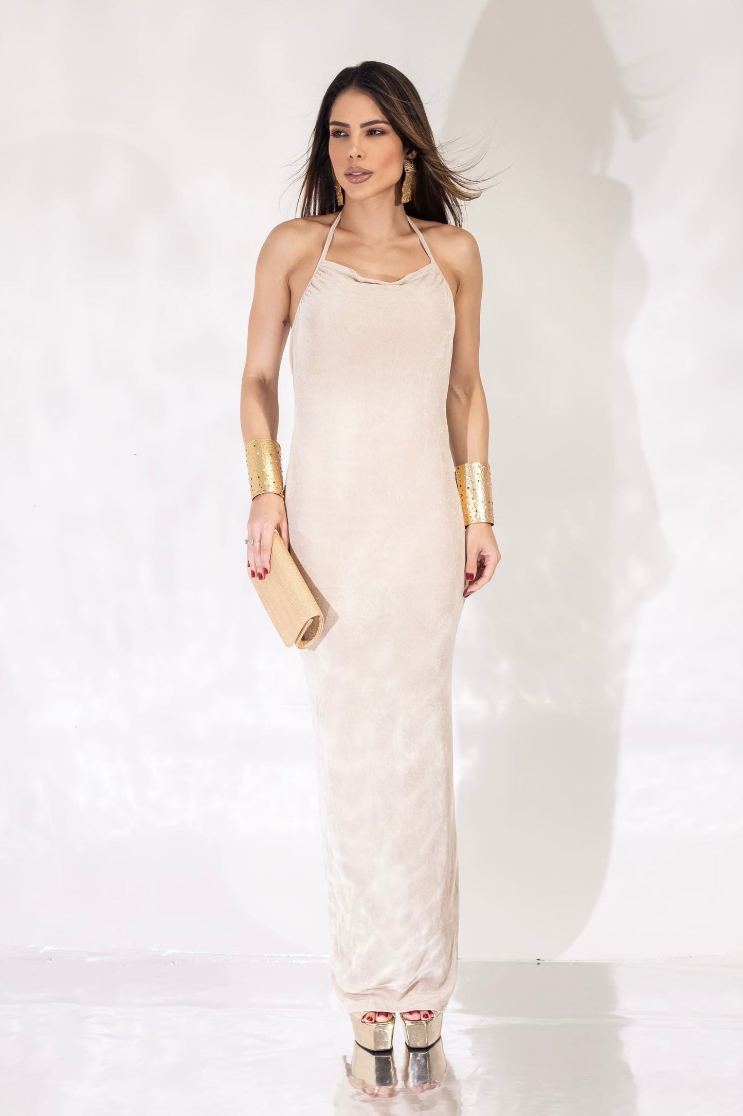 Robe longue en satin polyamide beige
