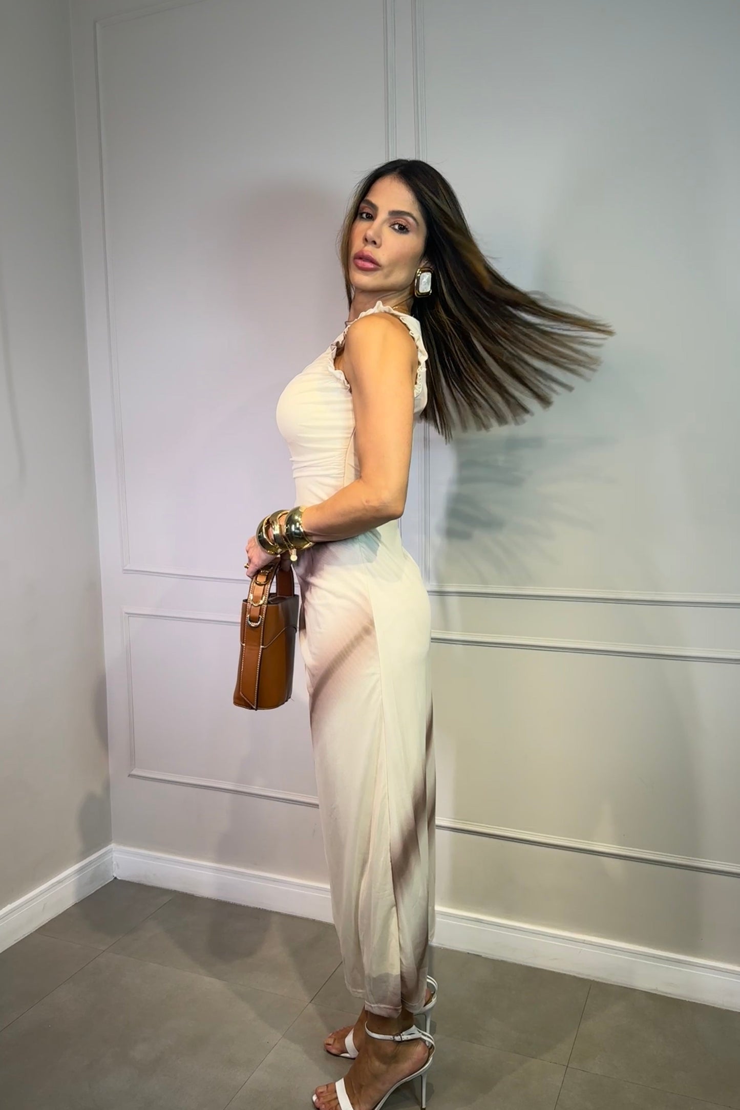 Robe en tulle imprimée beige