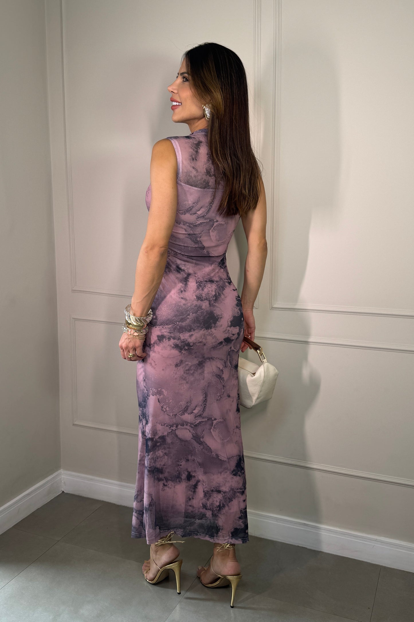 Robe en tulle imprimé drapé rose