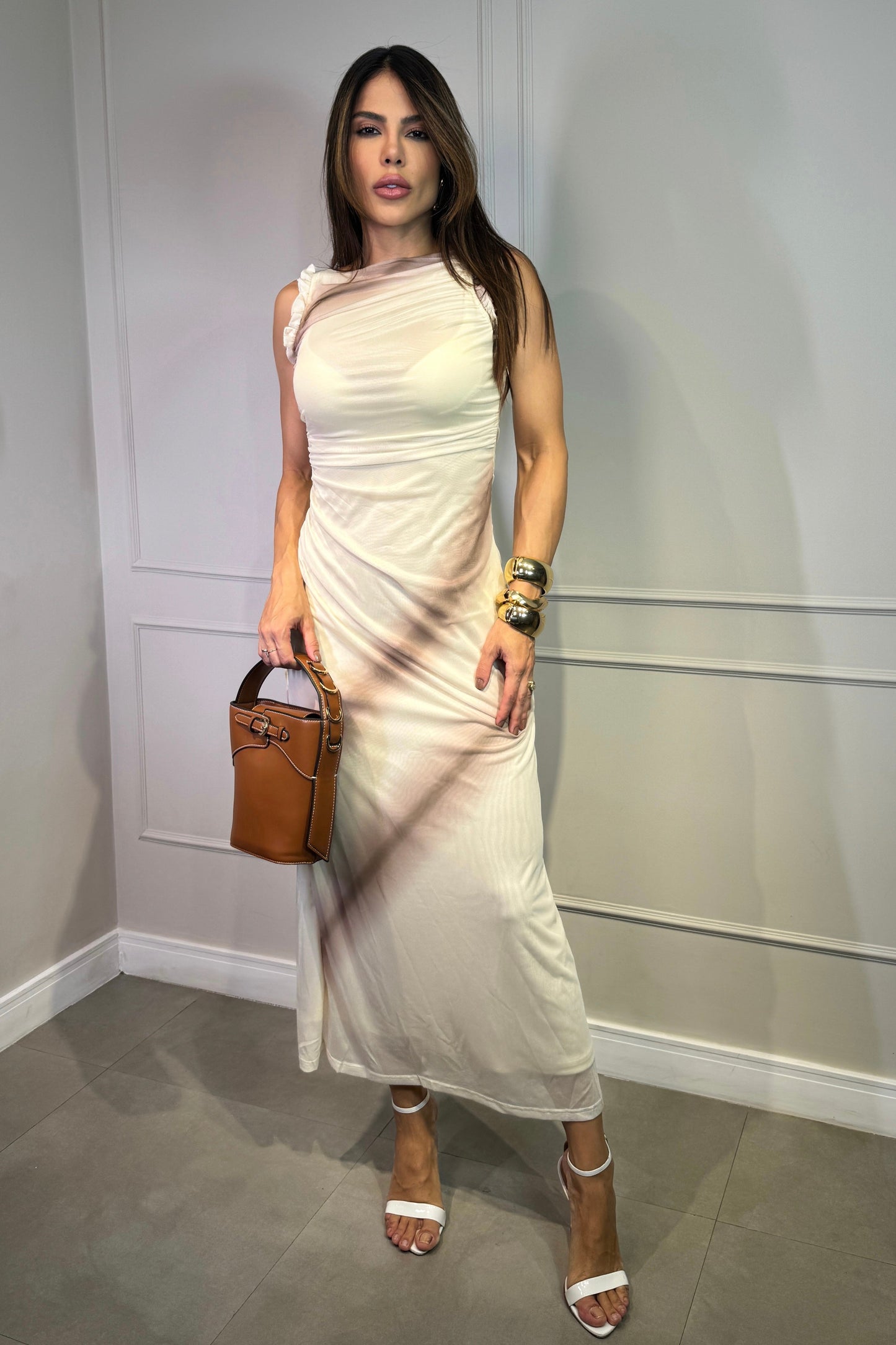 Robe en tulle imprimée beige