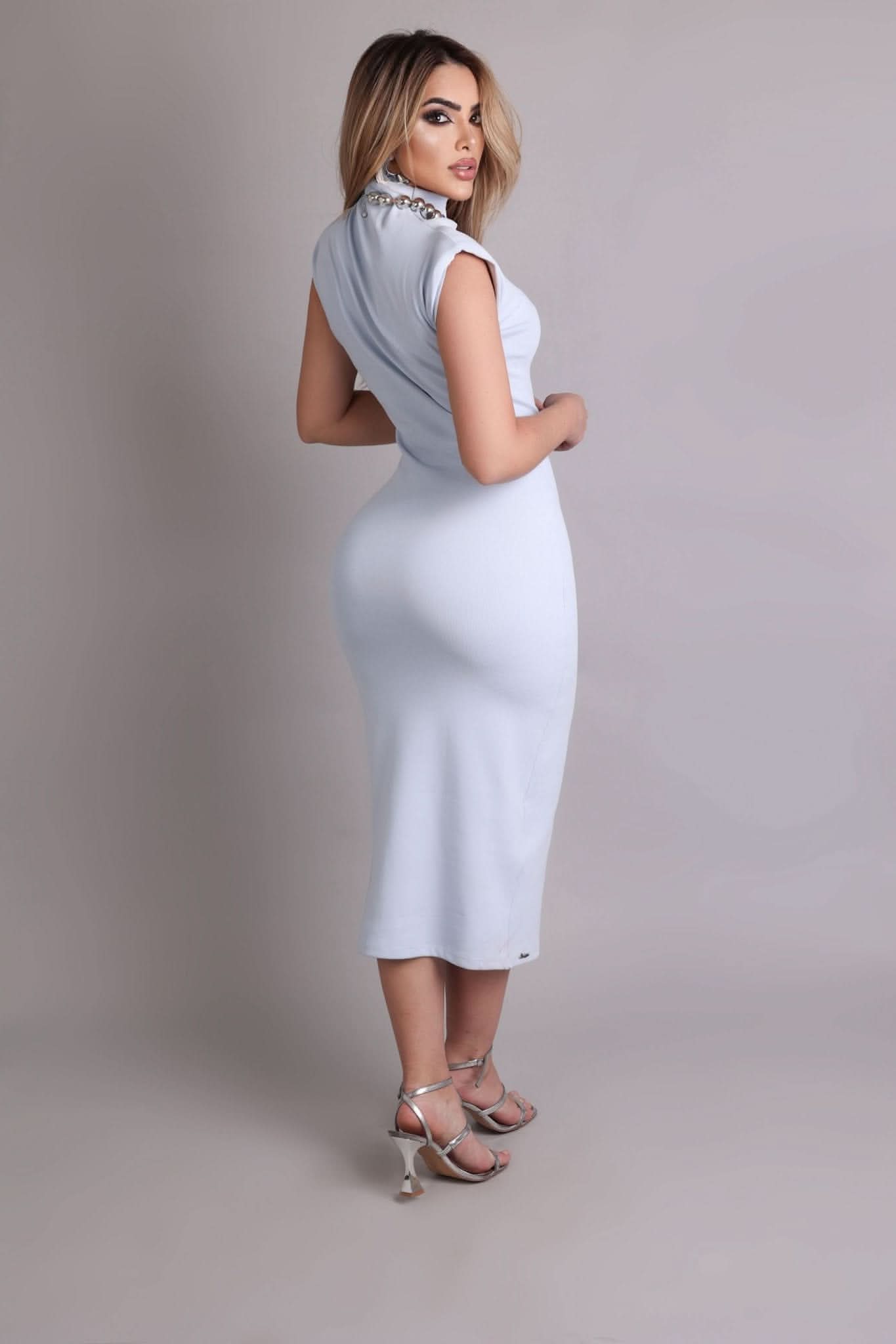Robe à épaules dénudées en viscose polyamide bleue