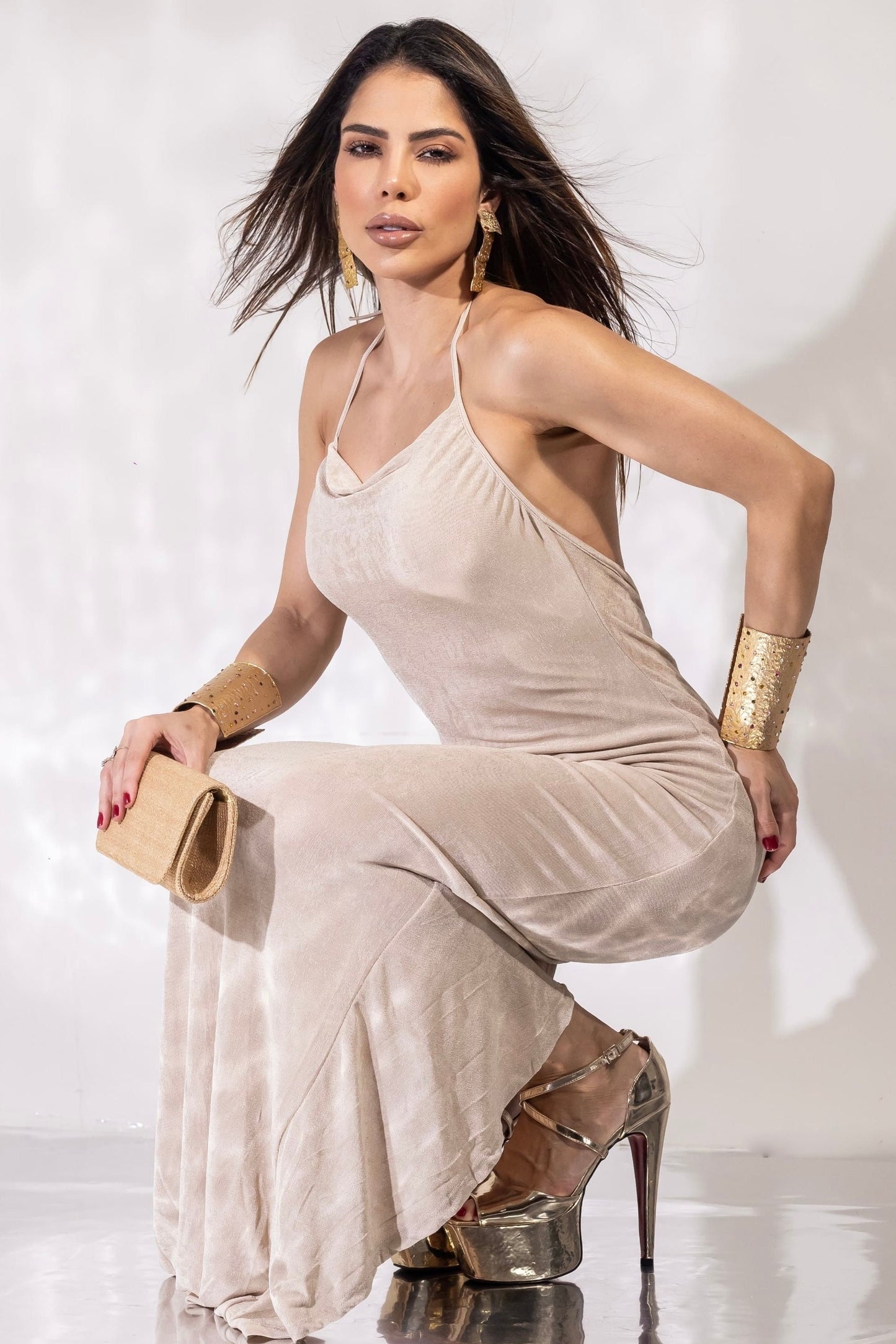 Robe longue en satin polyamide beige