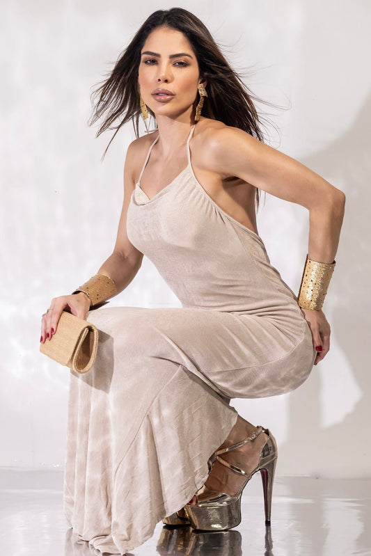 Robe longue en satin polyamide beige