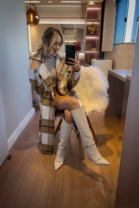 Manteau à carreaux caramel en laine battue