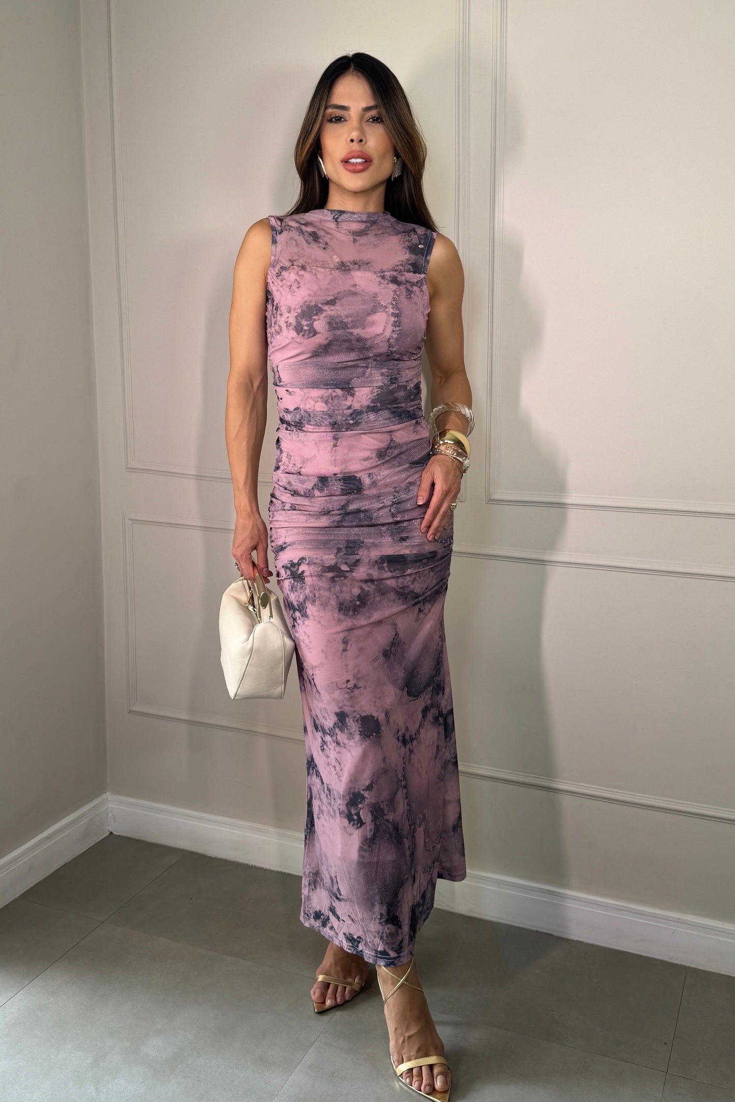 Robe en tulle imprimé drapé rose