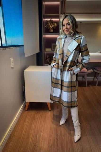 Manteau à carreaux caramel en laine battue