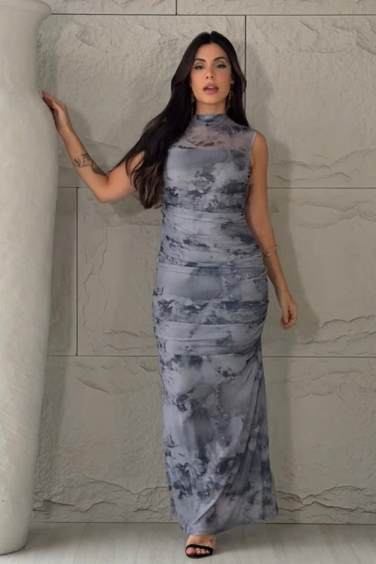 Robe en tulle imprimé drapé bleu