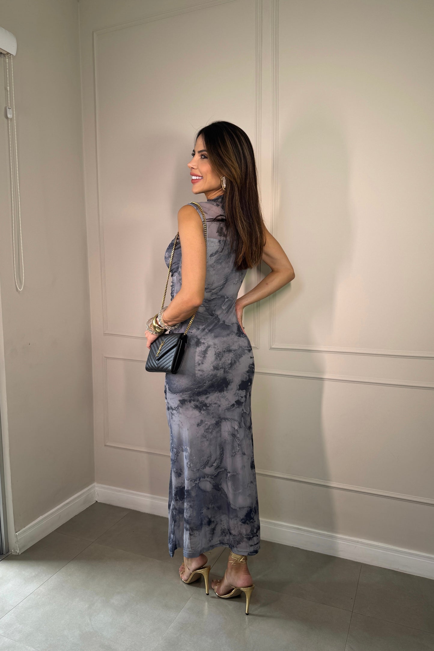 Robe en tulle imprimé drapé bleu