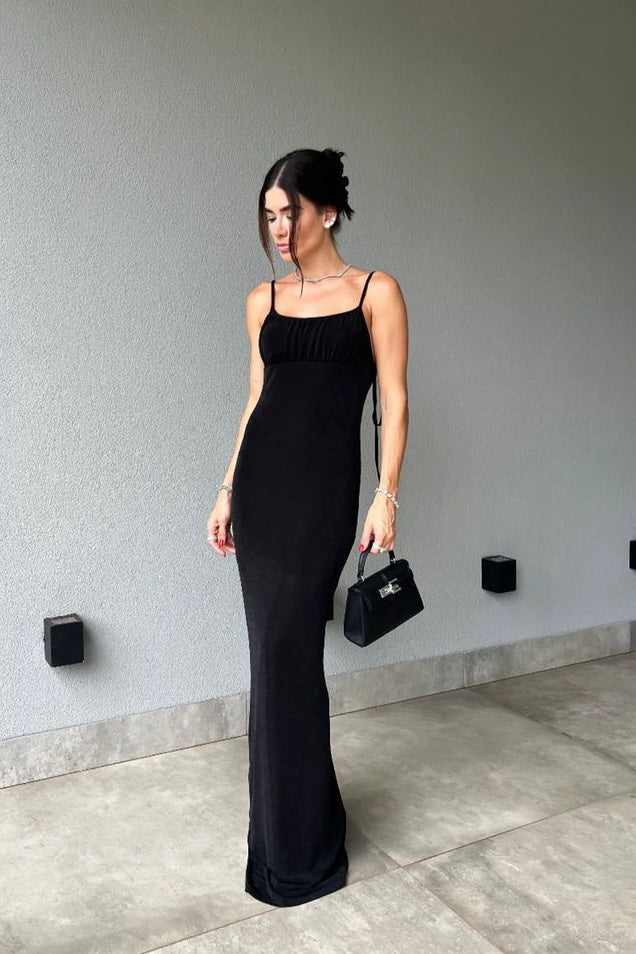 Robe longue en satin polyamide noir