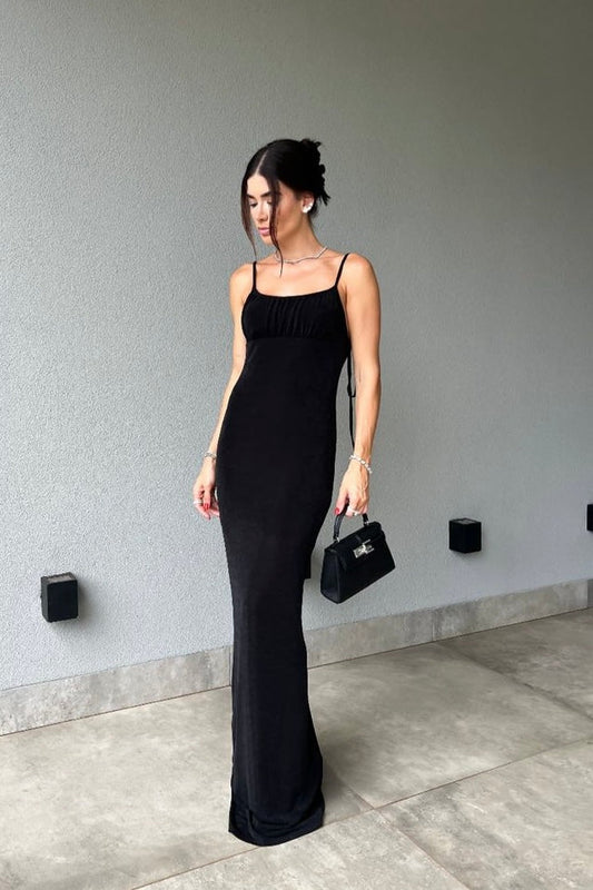 Robe longue en satin polyamide noir