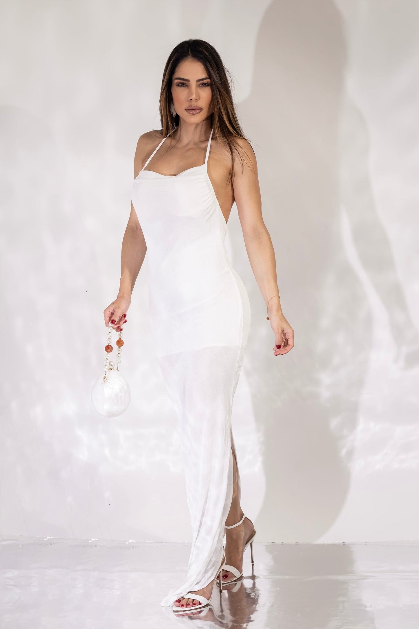 Robe longue en satin blanc polyamide