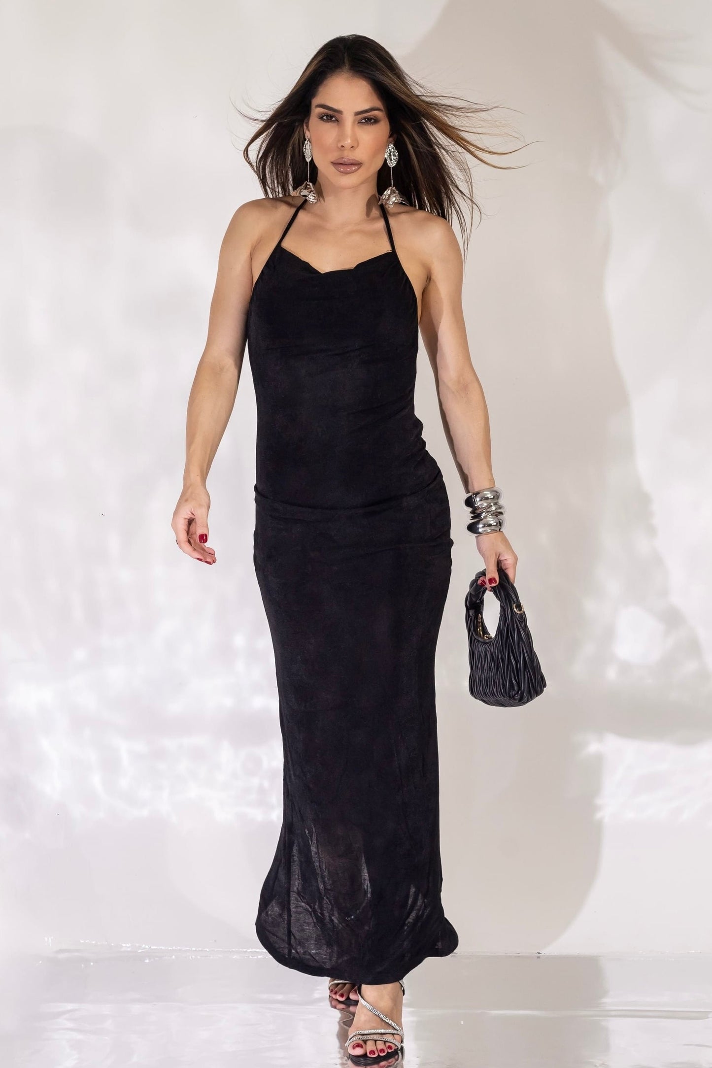 Robe longue en satin polyamide noir