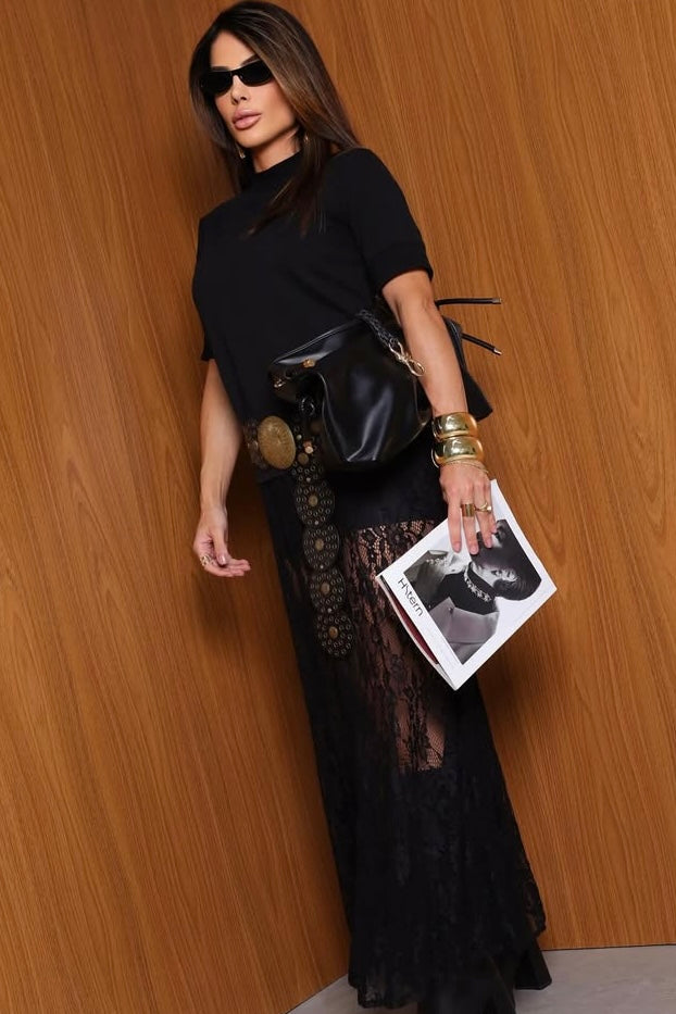 Jupe longue en dentelle noire