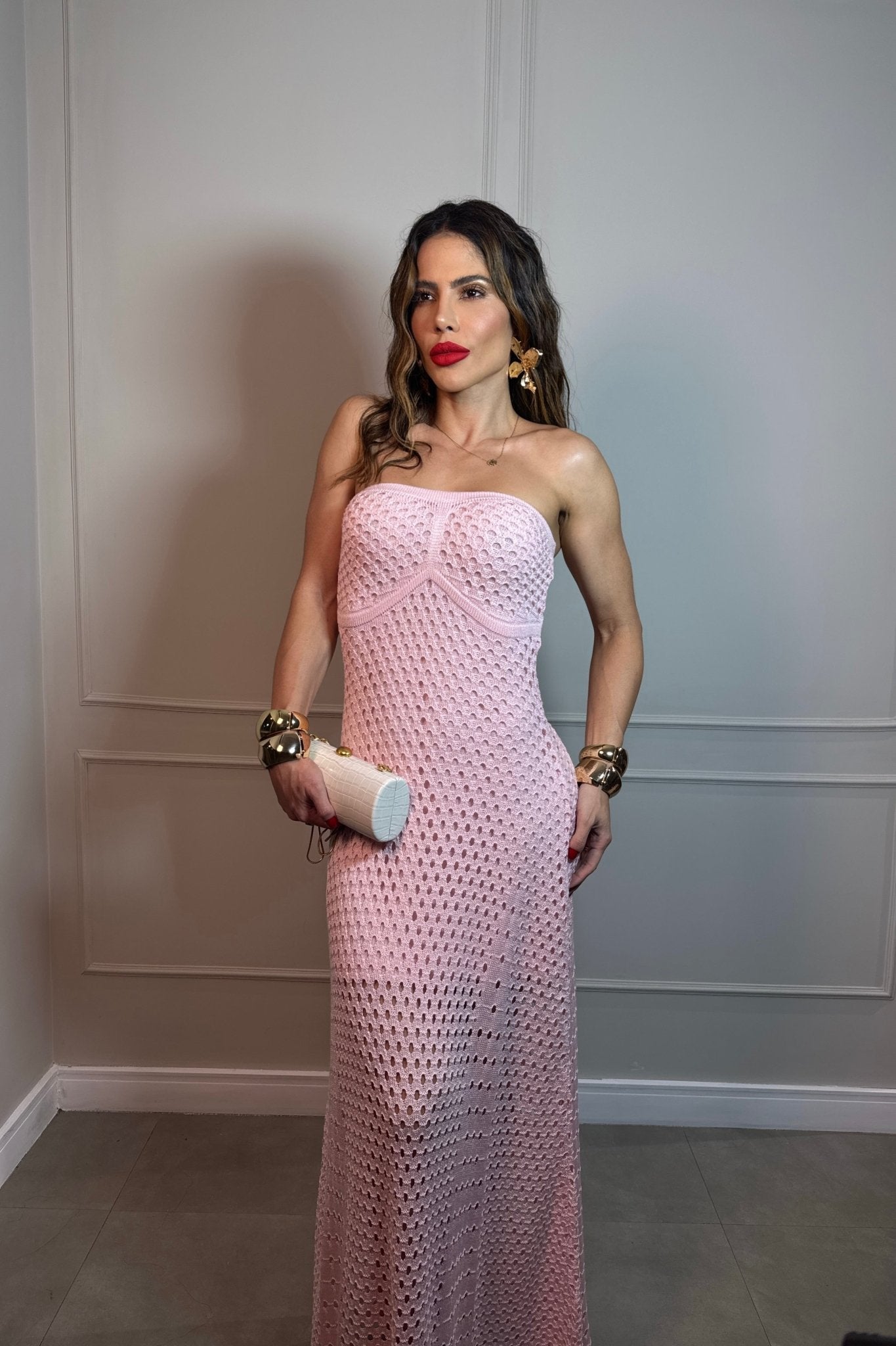 Robe longue bustier rose en maille modal