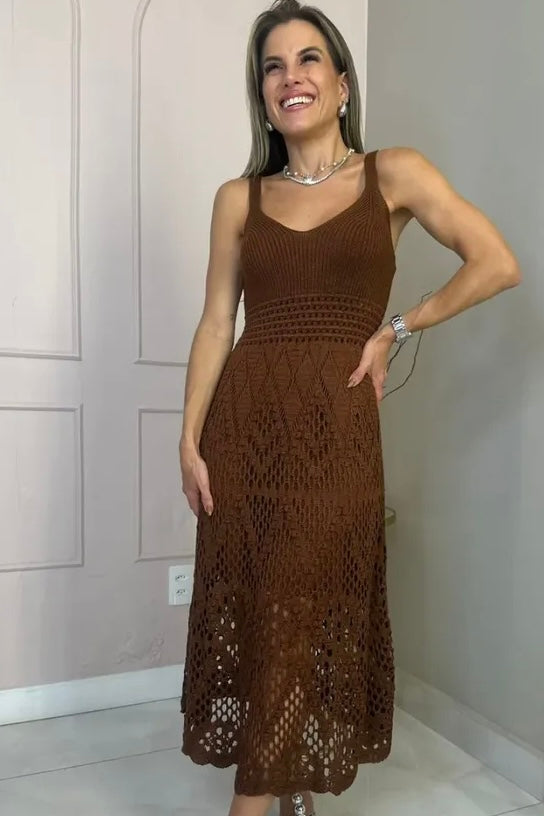 Robe en tricot haut de gamme avec dentelle marron exclusive