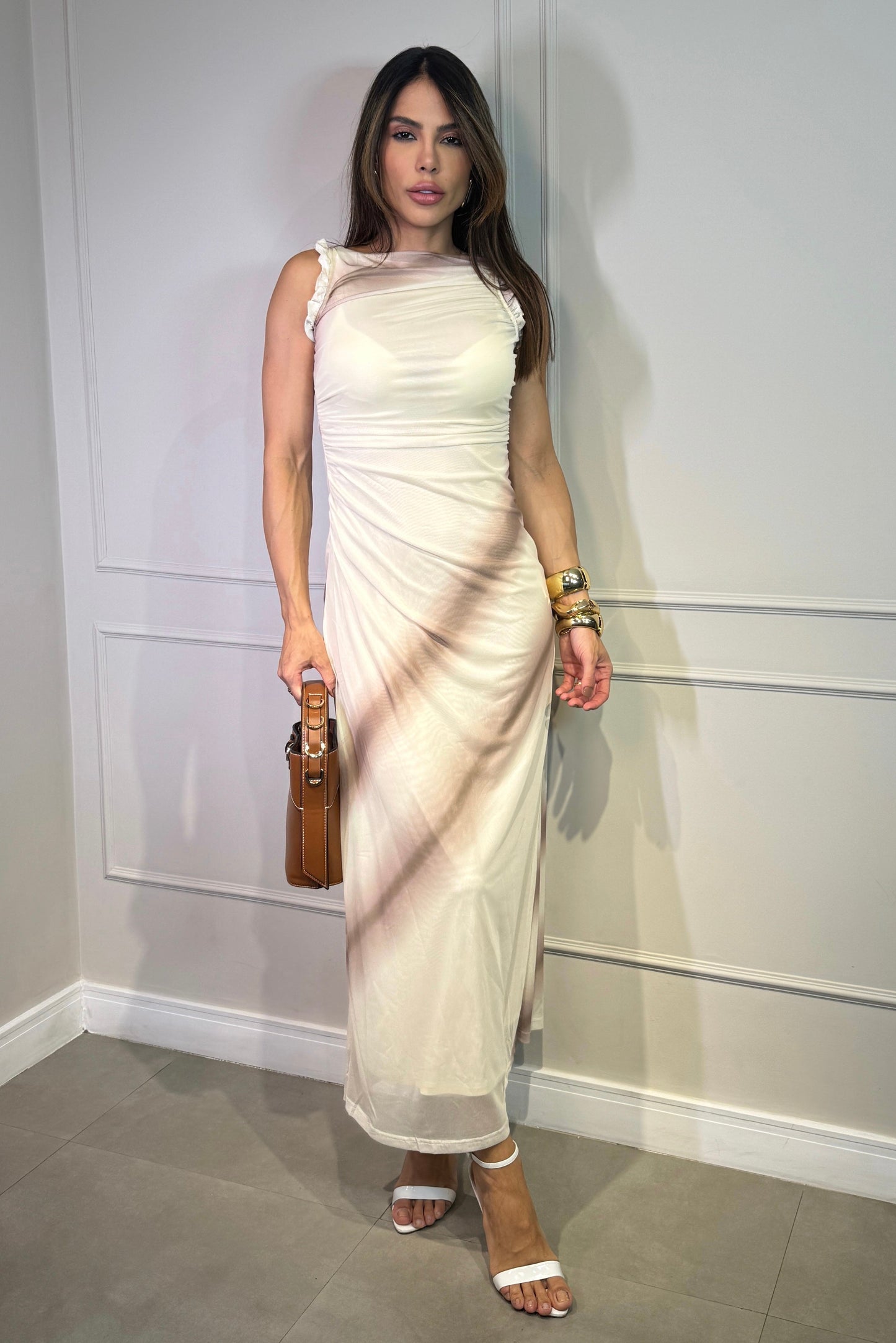 Robe en tulle imprimée beige