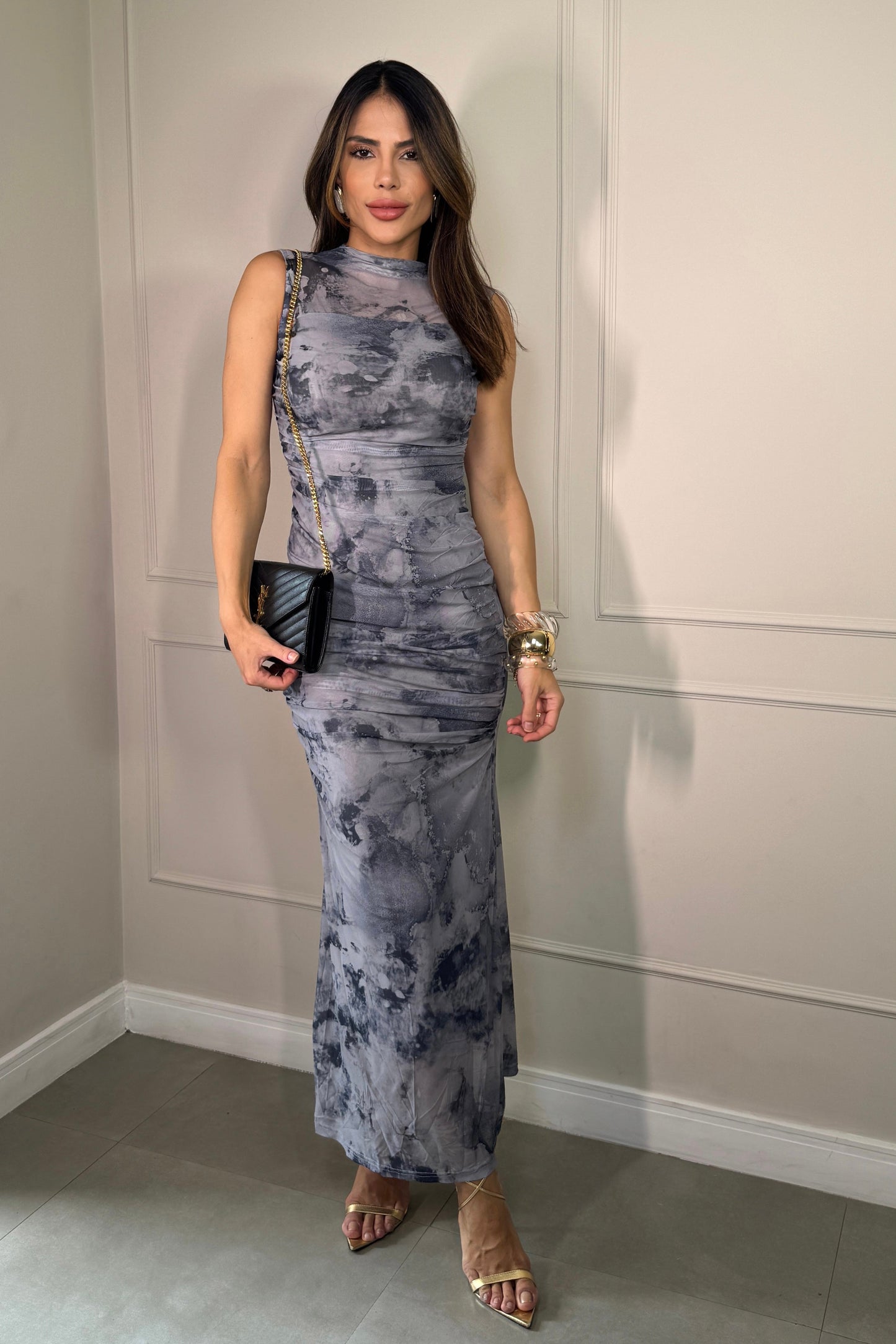 Robe en tulle imprimé drapé bleu