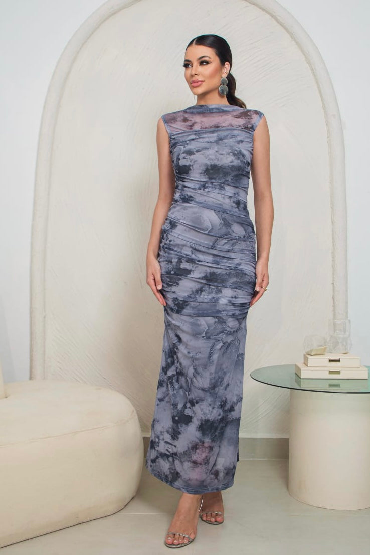 Robe en tulle imprimé drapé bleu
